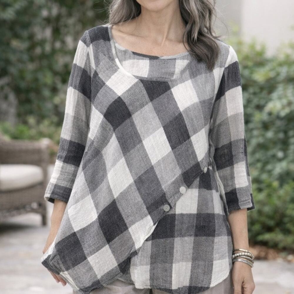 Habitat Clothes To Live In Tunic Large Asymmetrical Bufflalo Plaid Linen Blend